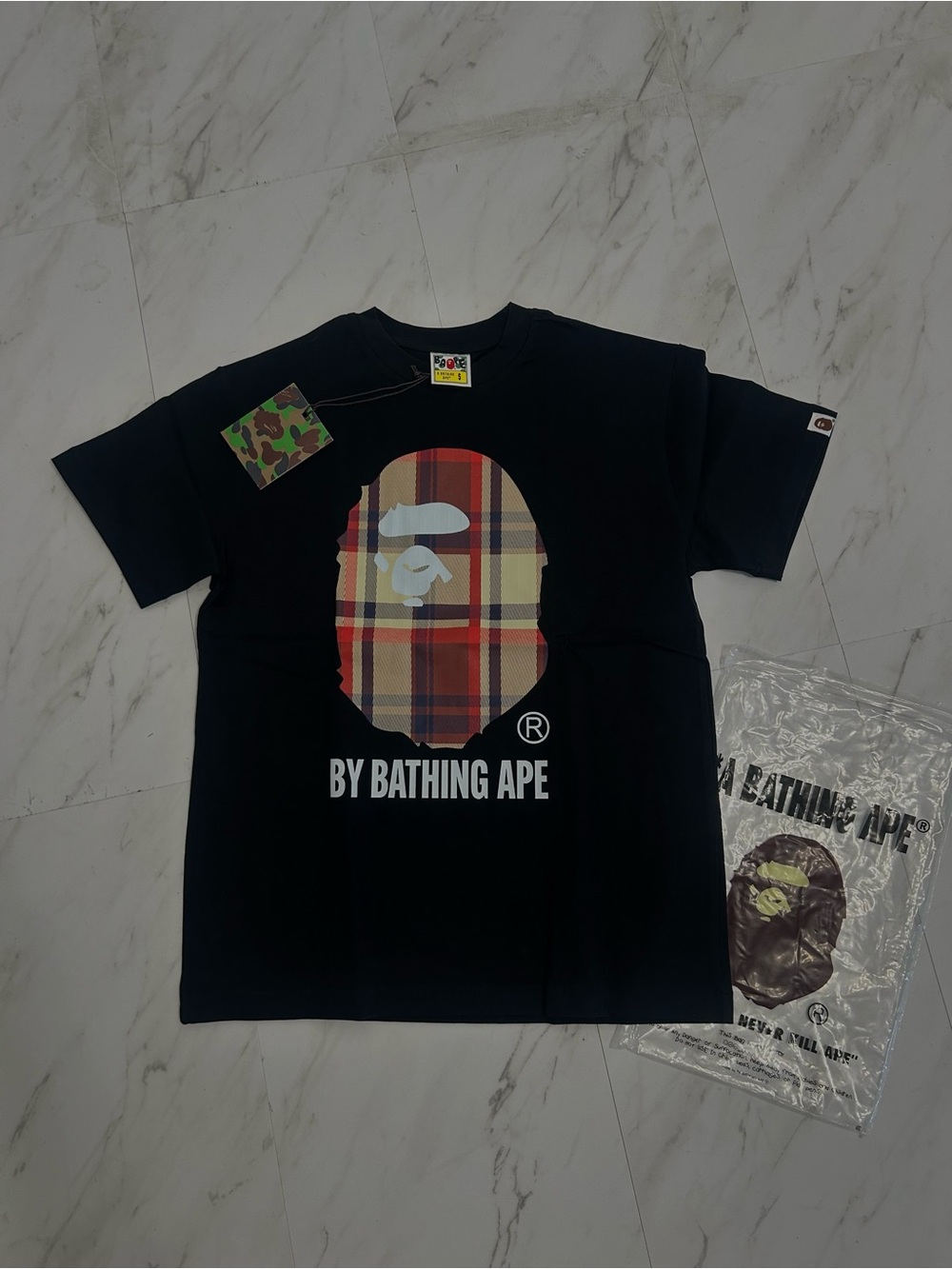 A Bathing Ape Black Plaid Logo Tee
